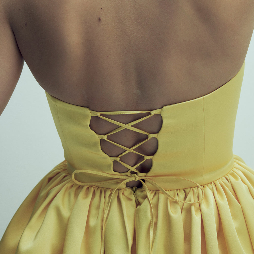 Sibby Strapless Satin Mini Dress in Marigold