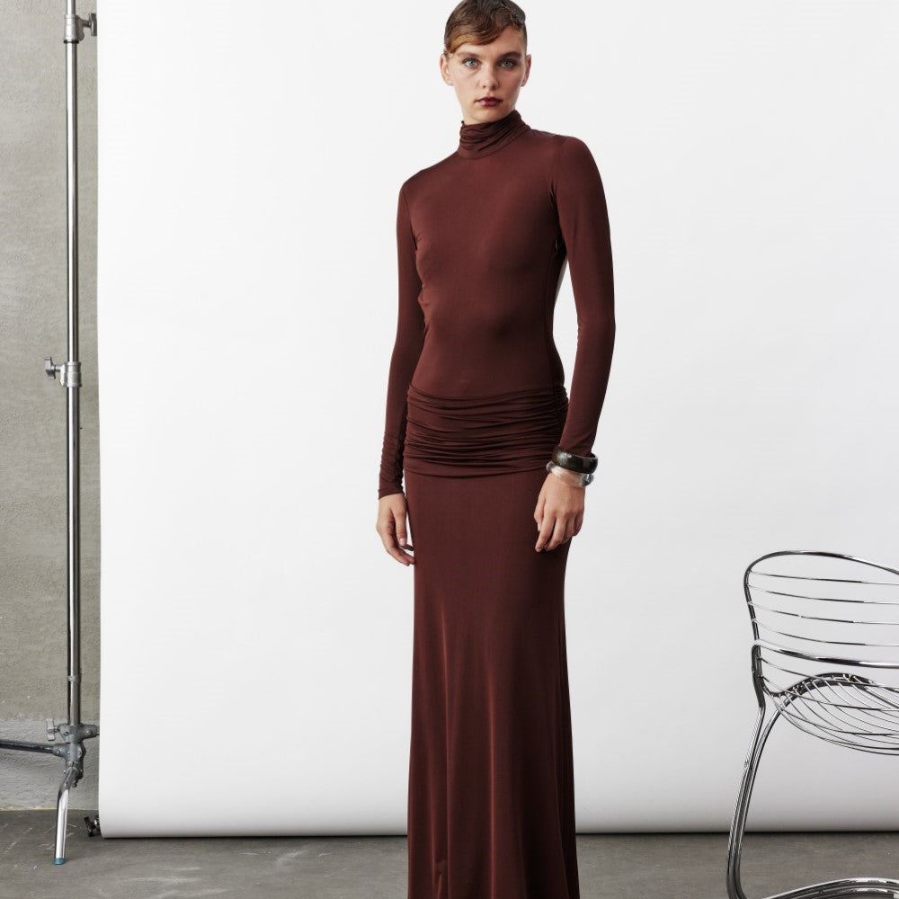 Sienna Long Jersey Dress In Burnt Brown