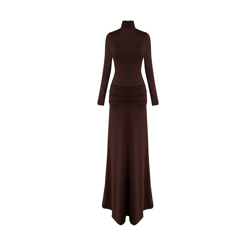 Sienna Long Jersey Dress In Burnt Brown