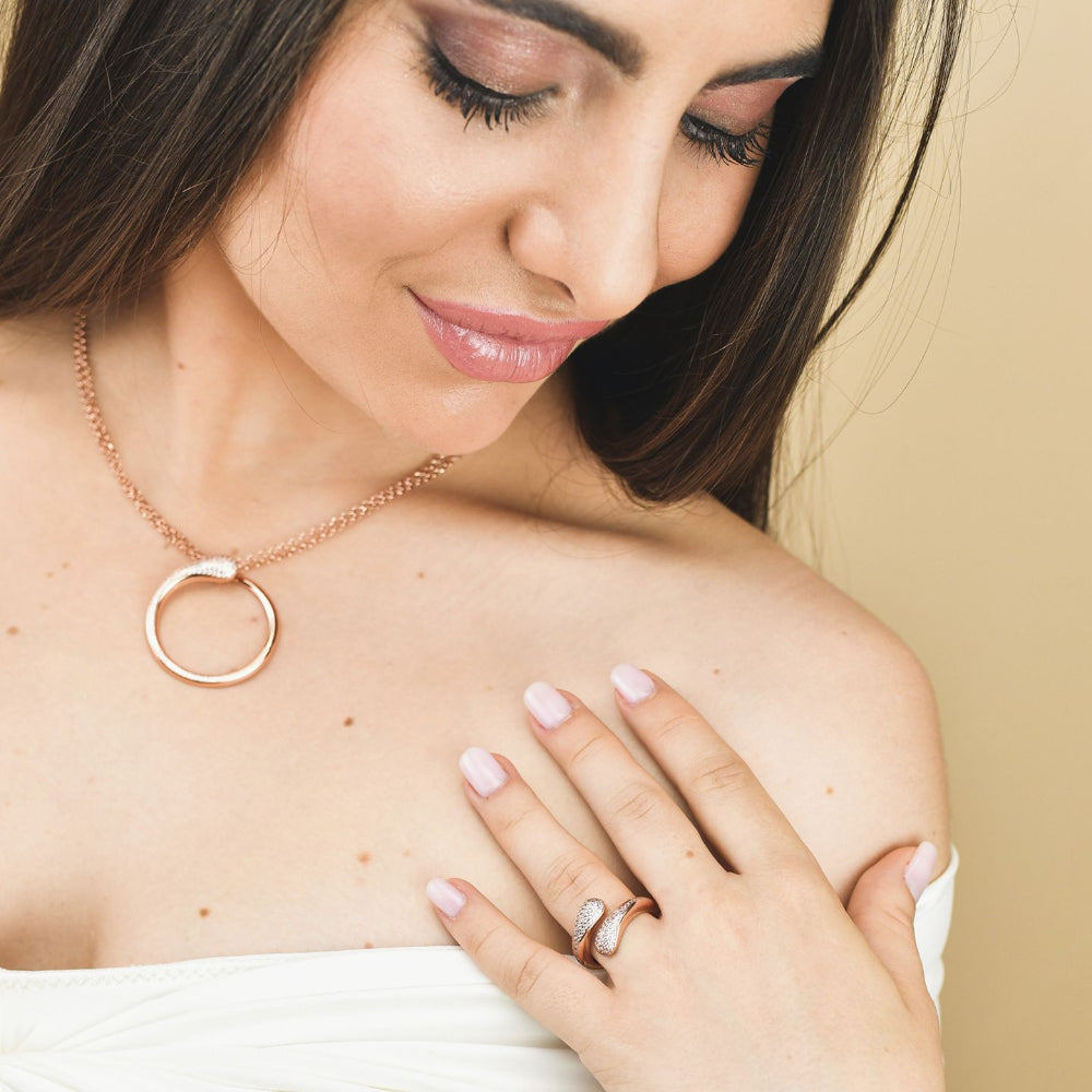 Shop online premium rose gold plated wrap cuff ring with sparkling pave cubic zirconia stones.
