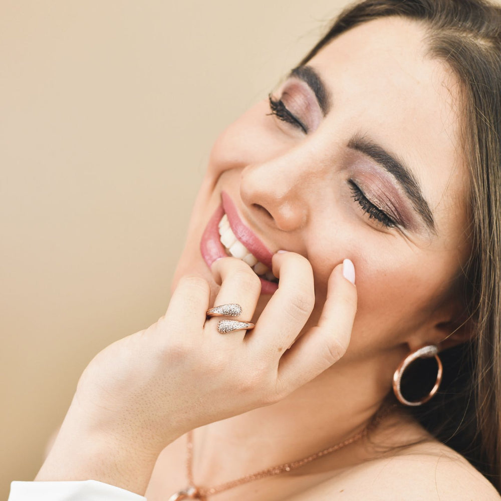 Shop online premium rose gold plated wrap cuff ring with sparkling pave cubic zirconia stones.