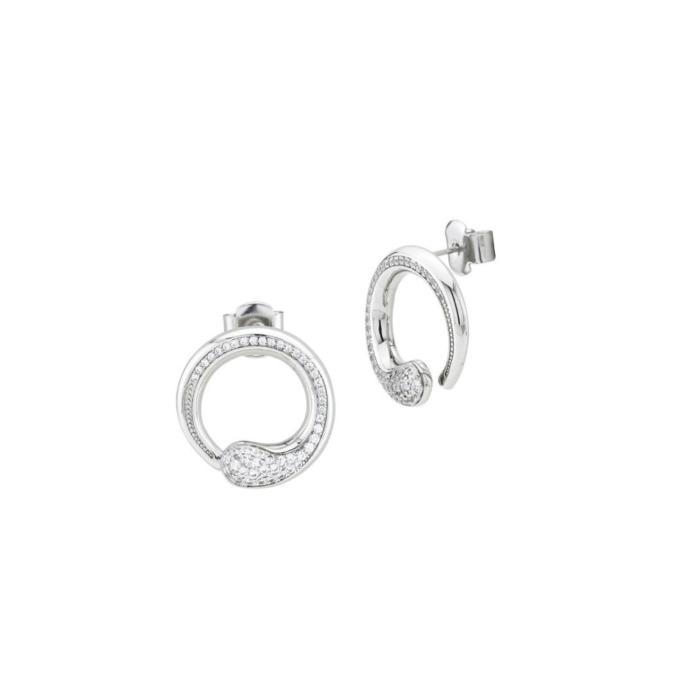 Shop online premium rhodium plated wrap earrings with drop-shaped pavé cubic zirconia detailing for elegant modern styling.