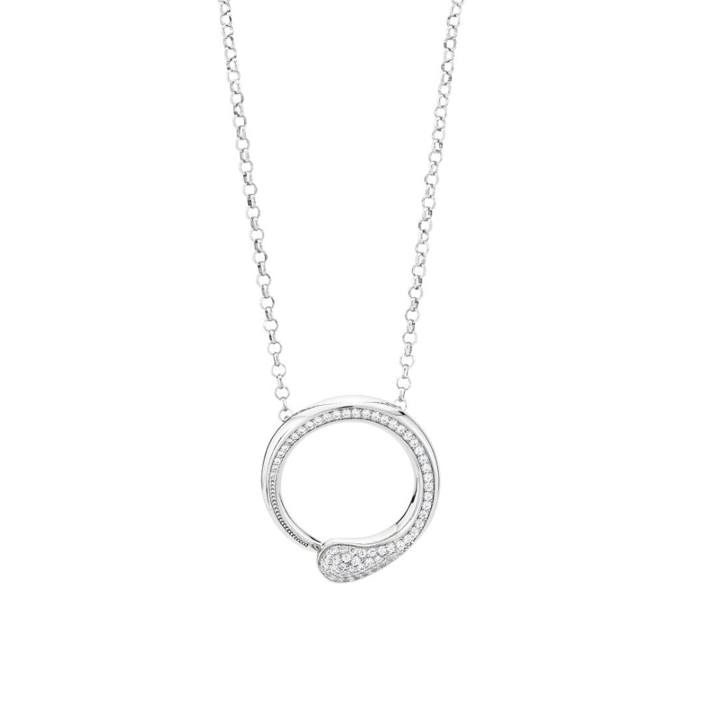 Shop online premium rhodium plated silver pendant necklace with sparkling pave cubic zirconia circle design.