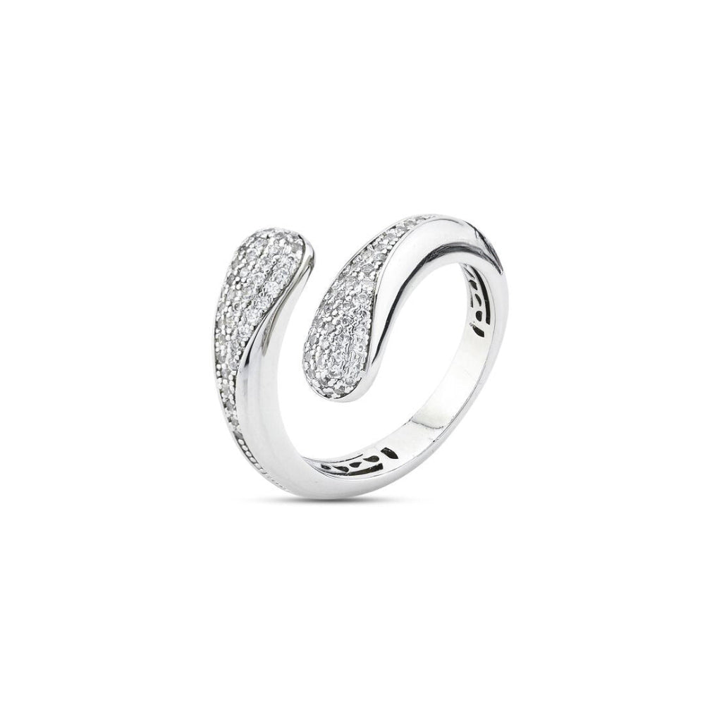 Shop online premium rhodium plated wrap cuff ring with sparkling pave cubic zirconia stones.