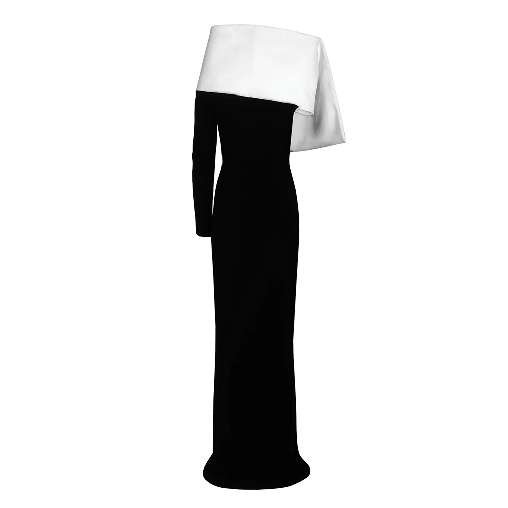 A black silk crepe coat dress highlighted with a structured white collar.