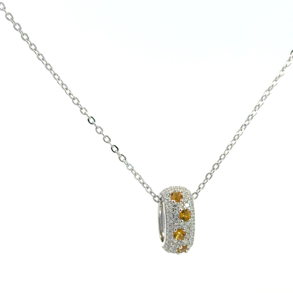Shop online premium sterling silver amber speckled necklace with oval pavé ring of created Ambers and white cubic zircons.