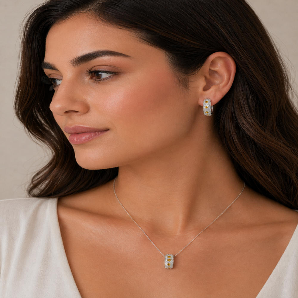 Shop online premium sterling silver amber speckled necklace with oval pavé ring of created Ambers and white cubic zircons.