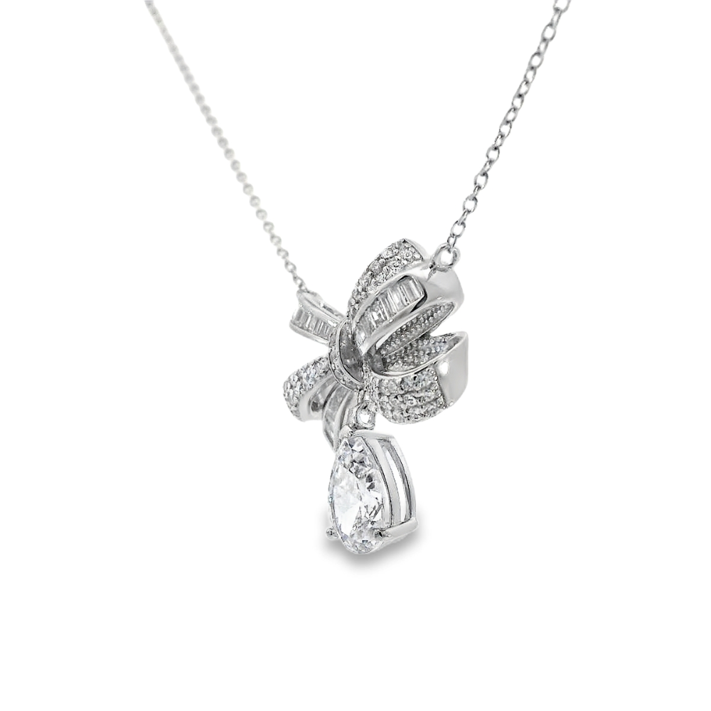 Shop online premium sterling silver bow necklace with sparkling cubic zirconia stones.