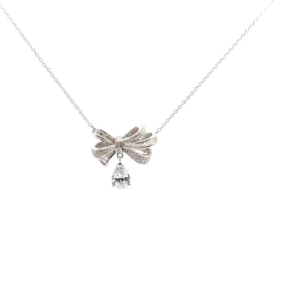 Shop online premium sterling silver bow necklace with sparkling cubic zirconia stones.