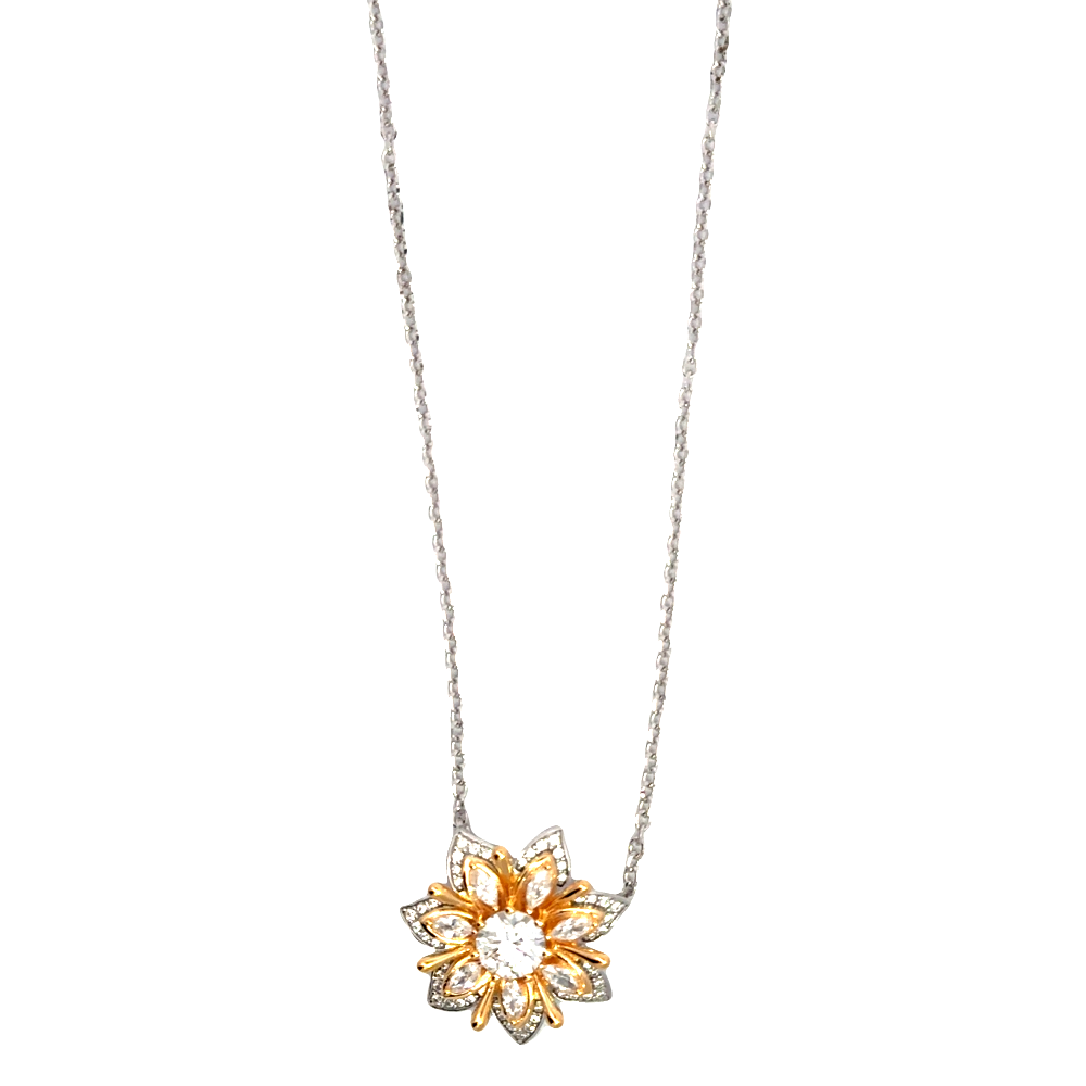 Shop online premium rhodium & 18K gold plated flower necklace with moissanite stones.