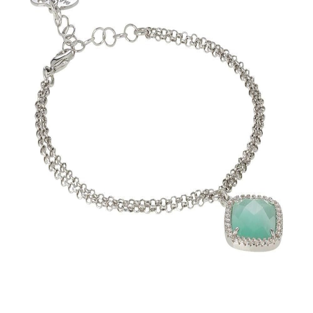 Rhodium-plated double chain bronze bracelet with sparkling cubic zirconia and a green mint crystal briolette pendant for a fresh contemporary look. Shop premium jewelry online.