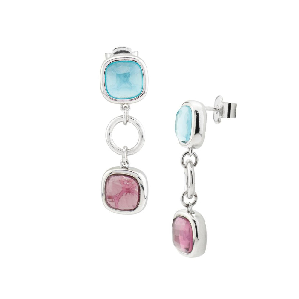 Shop online premium rhodium plated dangle earrings with milky blue and purple amethyst crystals and elegant circular module detailing.