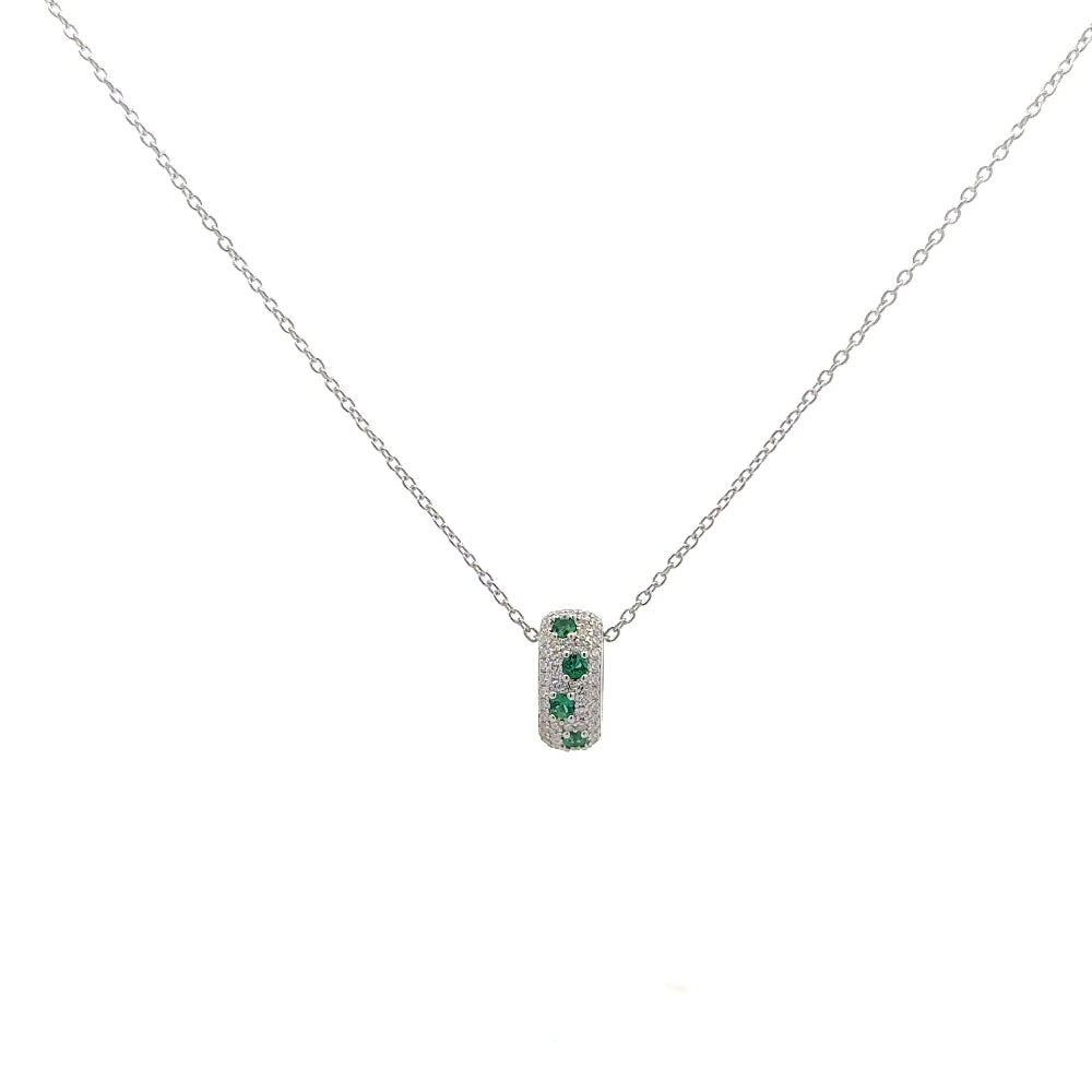 Shop online premium sterling silver emerald speckled necklace with oval pavé ring of created emeralds and white cubic zircons.