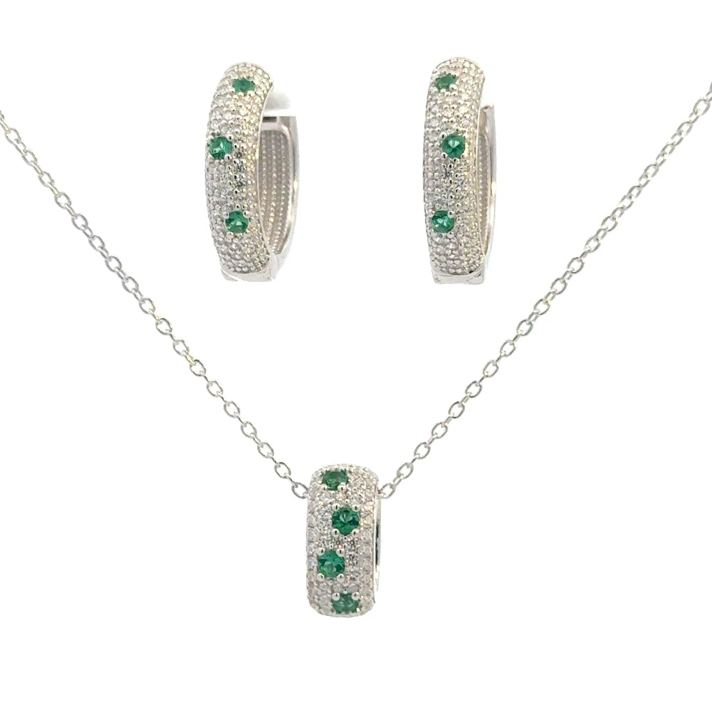 Shop online premium sterling silver emerald speckled necklace with oval pavé ring of created emeralds and white cubic zircons.