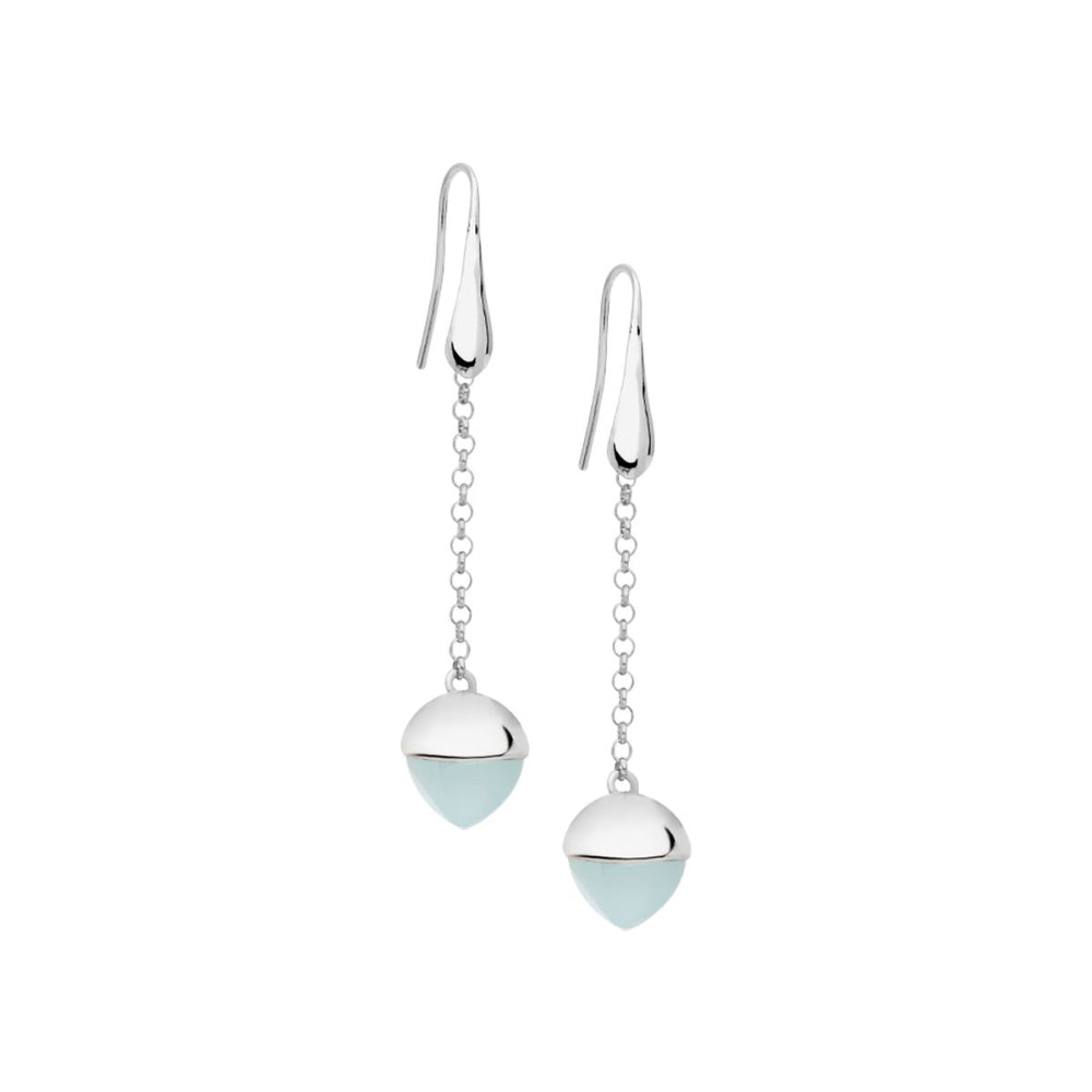 Shop online premium silver tone hook dangler earrings with aquamarine pyramidal crystal and elegant modern detailing for versatile styling.