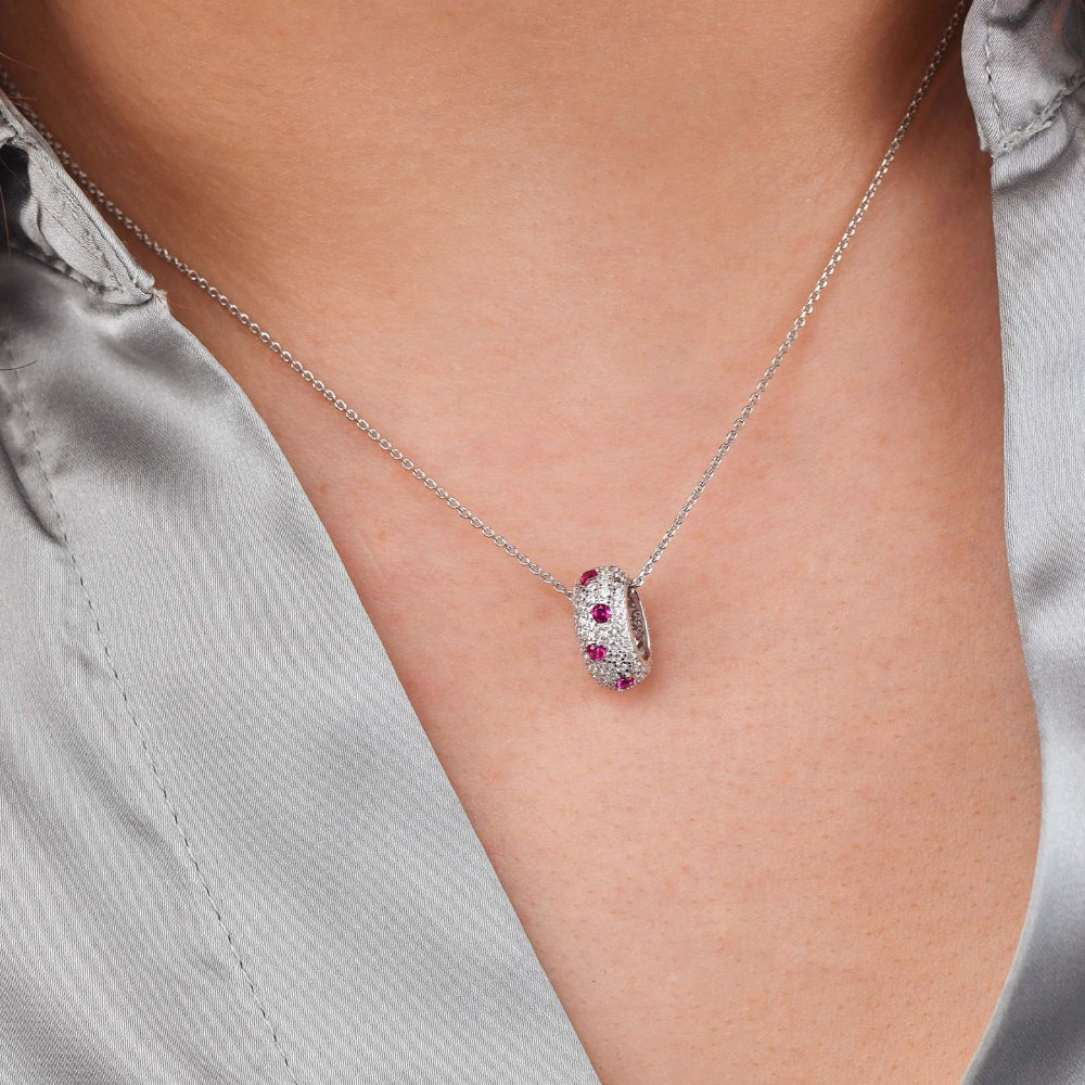 Shop online premium sterling silver necklace with ruby & white pavé zircon oval pendant.
