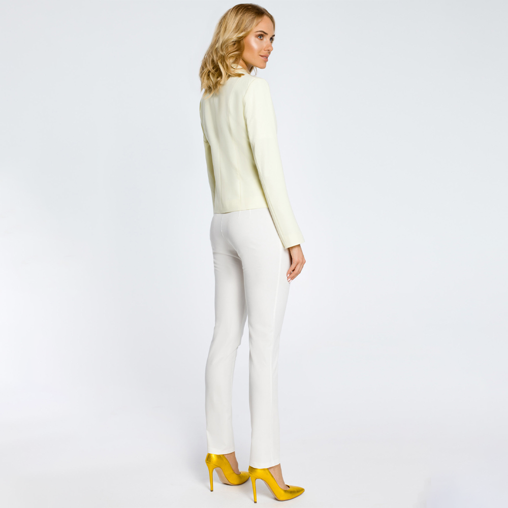 woven fabric; single button closure; long sleeve jacket; stem lapels; fully lined; lightly padded shoulders.