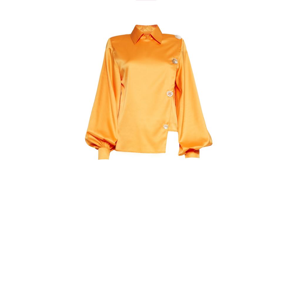 Deconstructed silk/satin shirt with unmatching buttons.