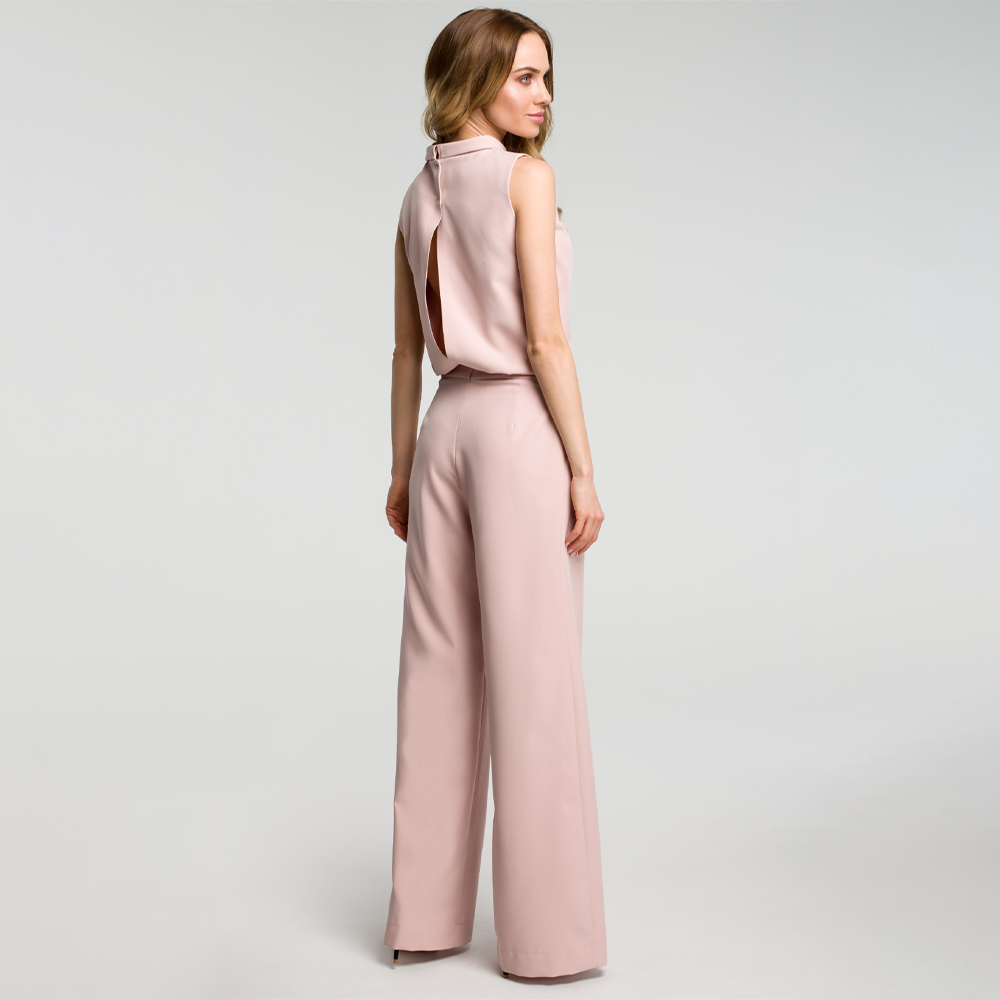 Woven fabric, sleeveless drapes top with rolled up neck ; split back with mini press stud.