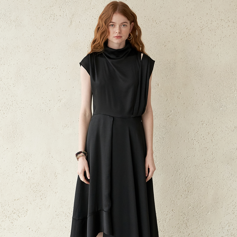 Sleeveless Slit Draped Asymmetric Long Dress BLACK