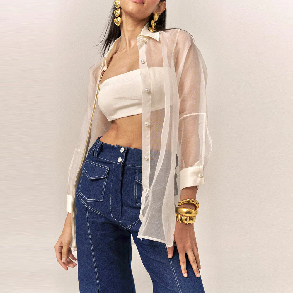 Organza silk blouse with bustier and denim, perfect for brunch and outings. Shop online from our curated edit of premium fashion.