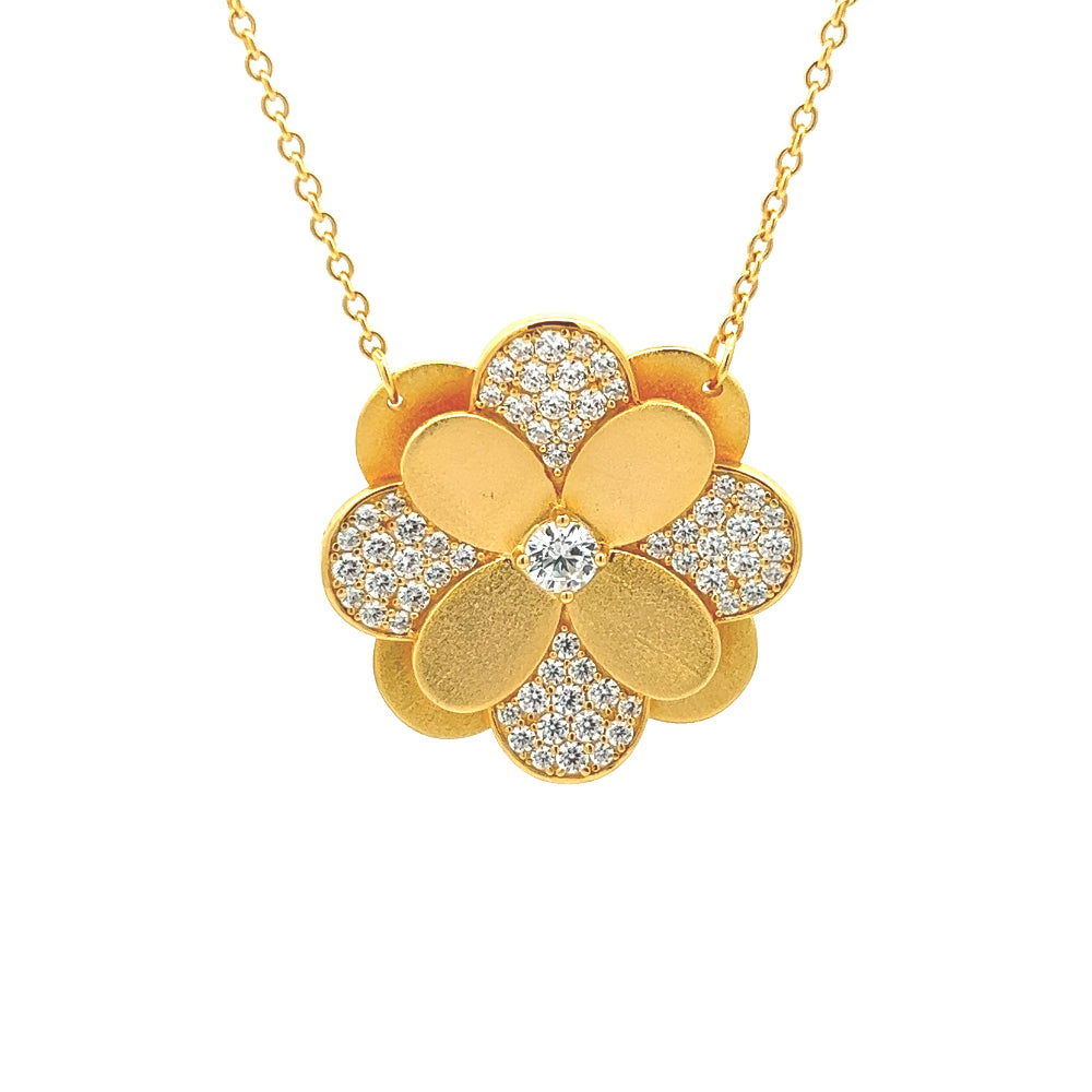 Shop online premium 18K gold flower pendant necklace with sparkling cubic zirconia stones.