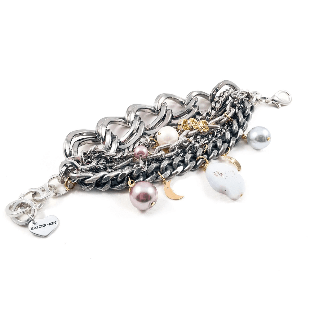 Statement bracelet with calcedony, pearls, crystals and charms. Handmade, hand varnished, hypo-allergenic, made with love.