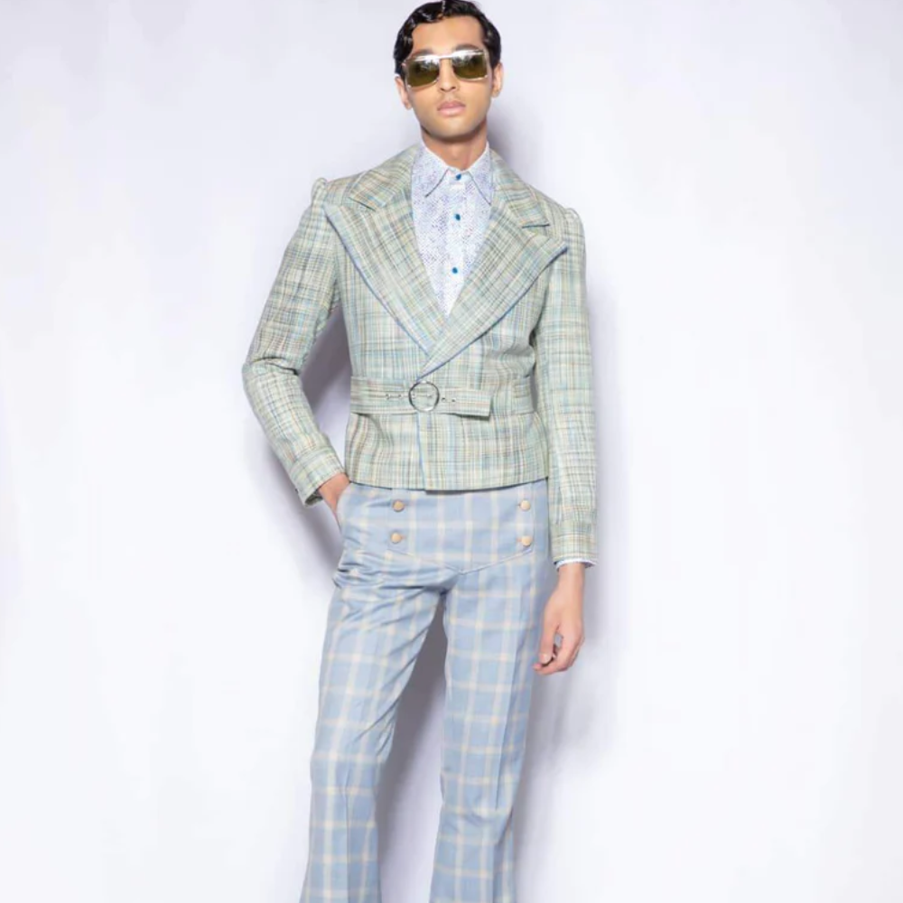 Vintage-Styled Cropped Jacket Mixes a Classic Broad Peak Lapel with a Metallic Buckle Fastening Belt.