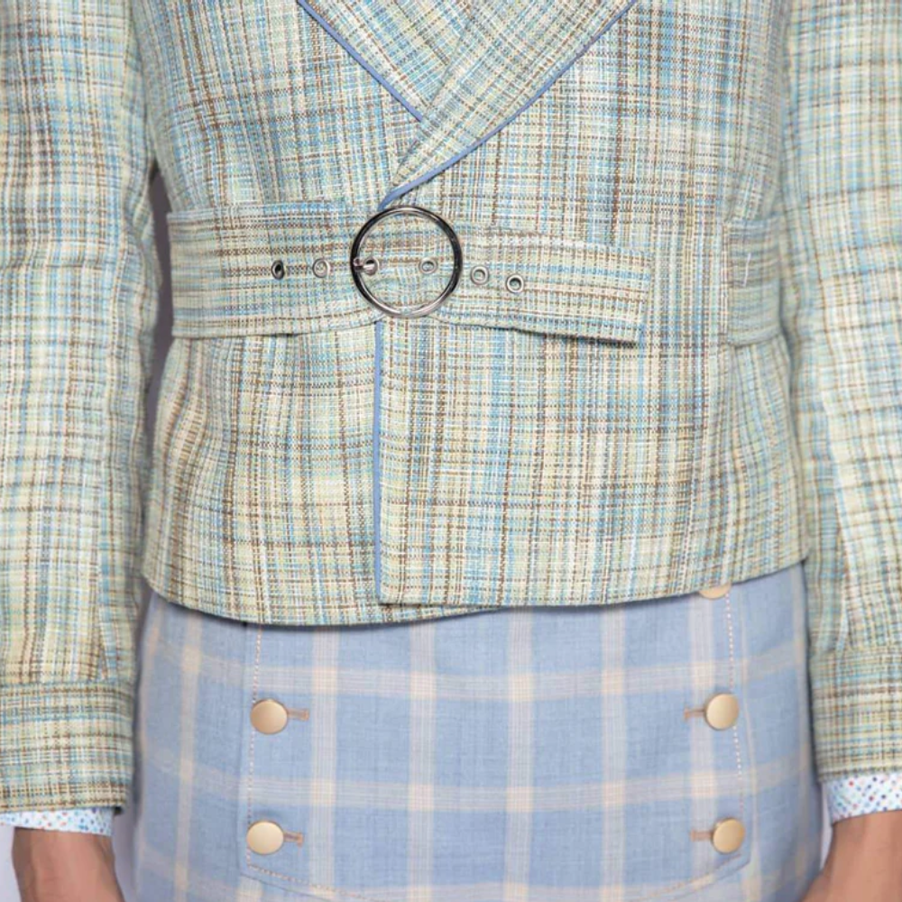 Vintage-Styled Cropped Jacket Mixes a Classic Broad Peak Lapel with a Metallic Buckle Fastening Belt.