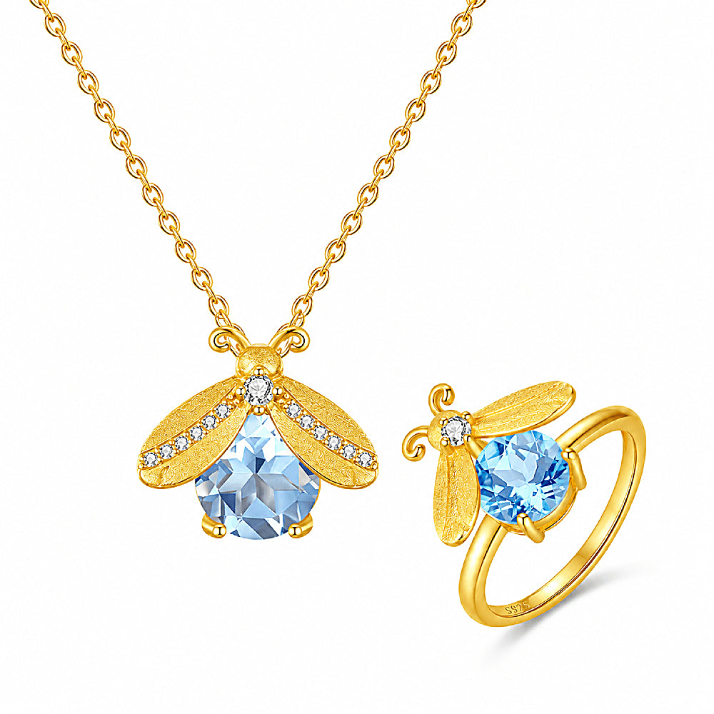 Shop the Summer Firefly Blue Topaz Jewelry Set featuring natural blue topaz, 18K gold vermeil over sterling silver, and a matching necklace and adjustable ring.