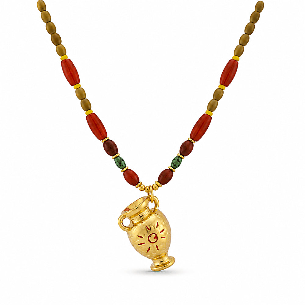 Discover the Sunkeeper Amphora Carnelian Beaded Necklace at The Luxe Maison, featuring a hand-painted golden amphora pendant, a radiant sun motif, and rich carnelian beads for a timeless, Mediterranean-inspired look.
