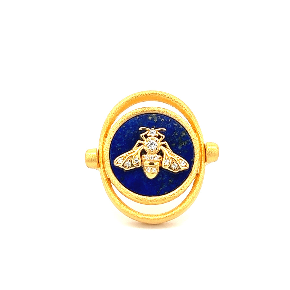 Shop online premium 18K gold-dipped lapis lazuli ring with bee emblem & cubic zirconia detailing.