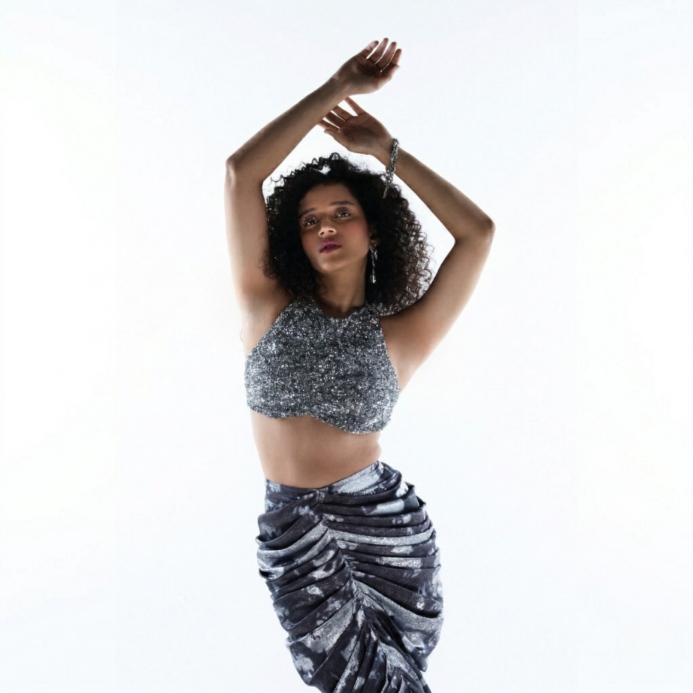 Sequin co-ord set with halter crop top and ruched skirt, perfect for parties and events. Shop online from our exclusive collection of premium party wear styles.