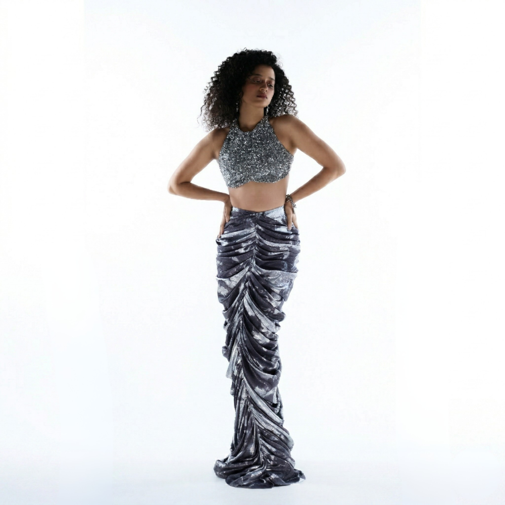 Sequin co-ord set with halter crop top and ruched skirt, perfect for parties and events. Shop online from our exclusive collection of premium party wear styles.