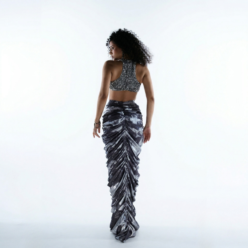 Sequin co-ord set with halter crop top and ruched skirt, perfect for parties and events. Shop online from our exclusive collection of premium party wear styles.