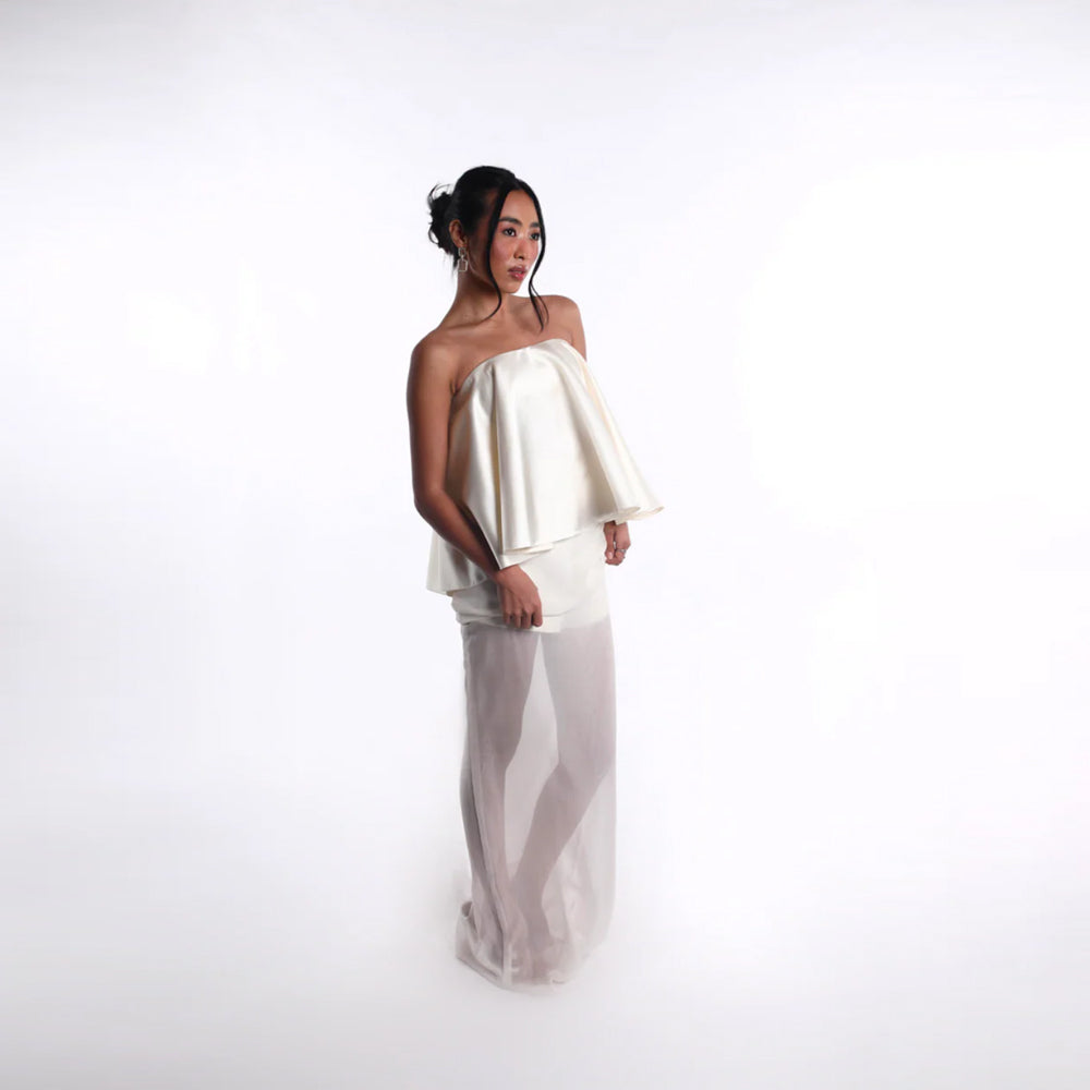 Strapless satin top with sheer skirt, perfect for events. Shop online from our curated edit of premium fashion.