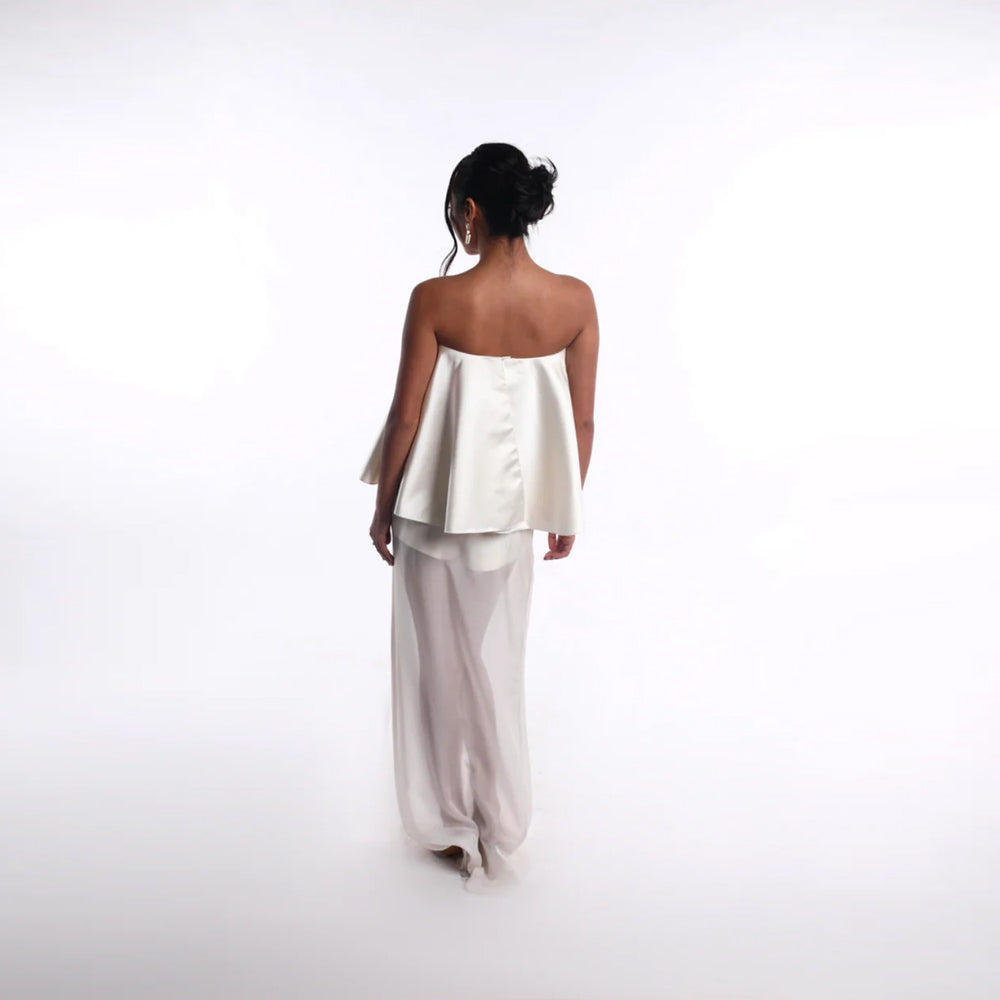 Strapless satin top with sheer skirt, perfect for events. Shop online from our curated edit of premium fashion.