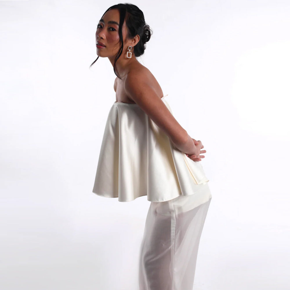 Strapless satin top with sheer skirt, perfect for events. Shop online from our curated edit of premium fashion.