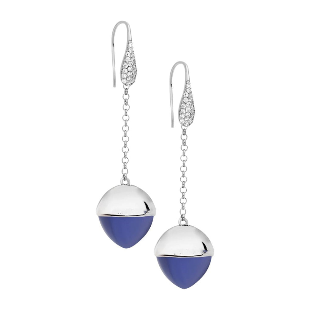 Shop online premium rhodium plated hook dangler earrings with tanzanite pyramidal crystal and sparkling cubic zirconia accents for elegant styling.