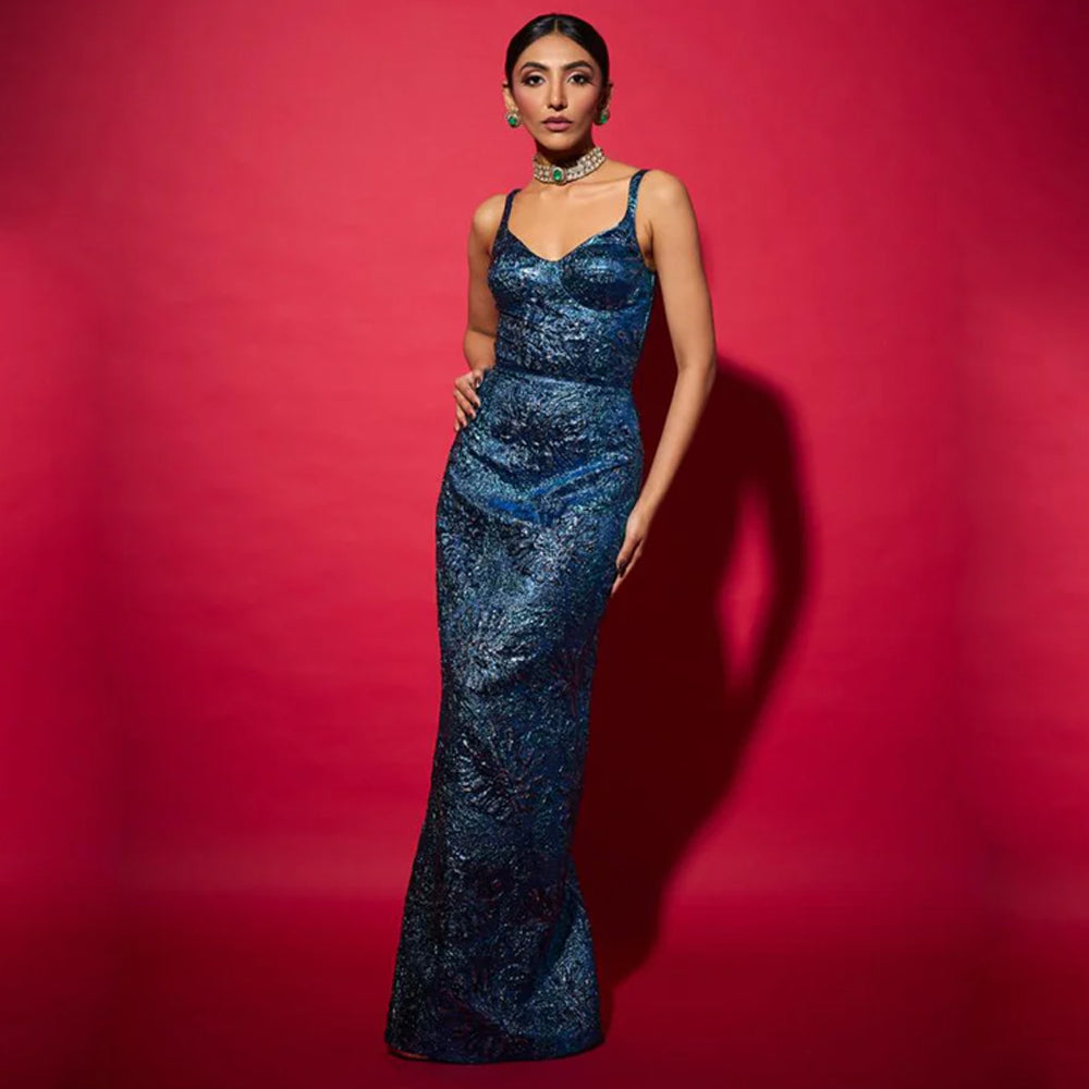 Electric blue jacquard dress with elegant silhouette, perfect for galas and weddings. Shop online from our curated edit of premium fashion.