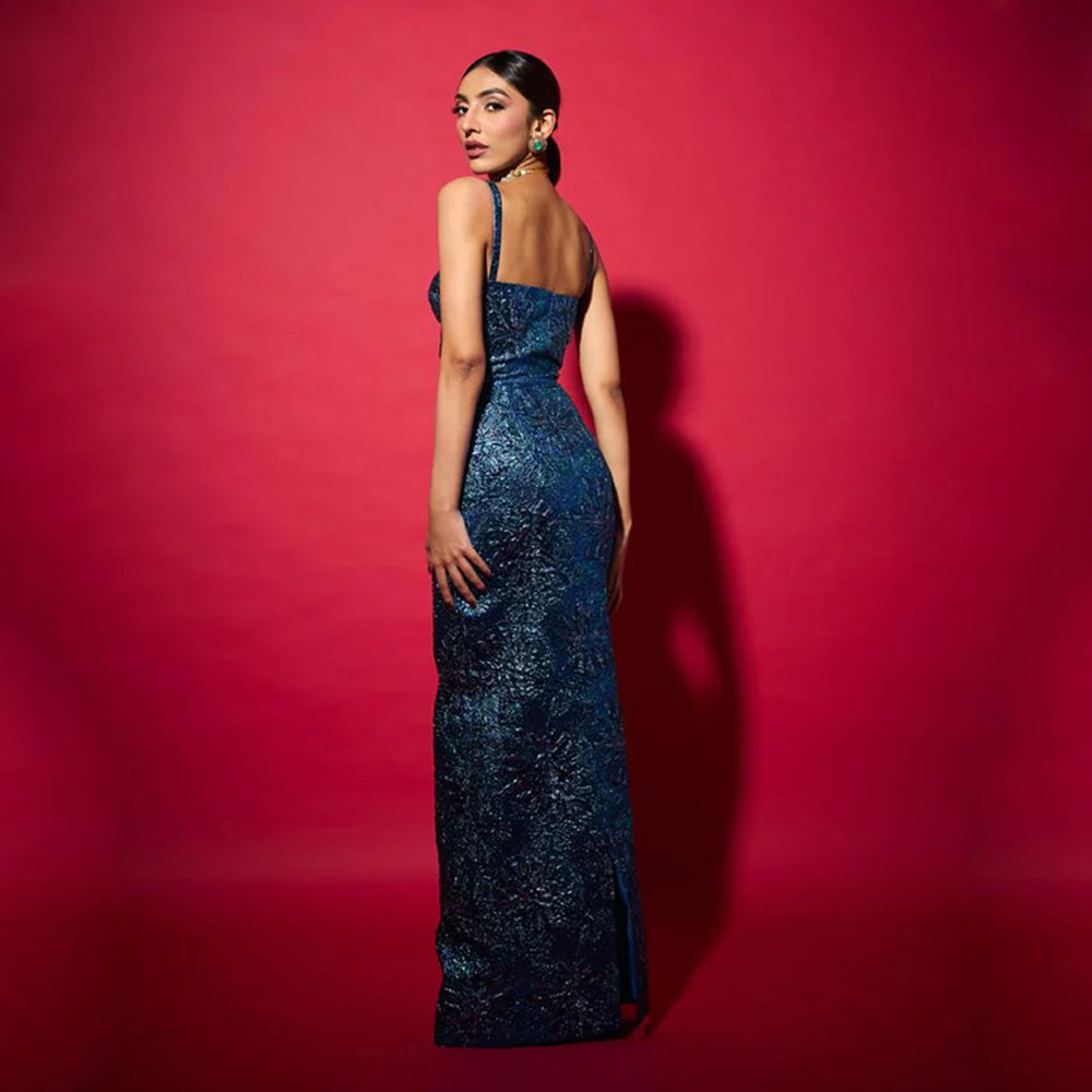 Electric blue jacquard dress with elegant silhouette, perfect for galas and weddings. Shop online from our curated edit of premium fashion.
