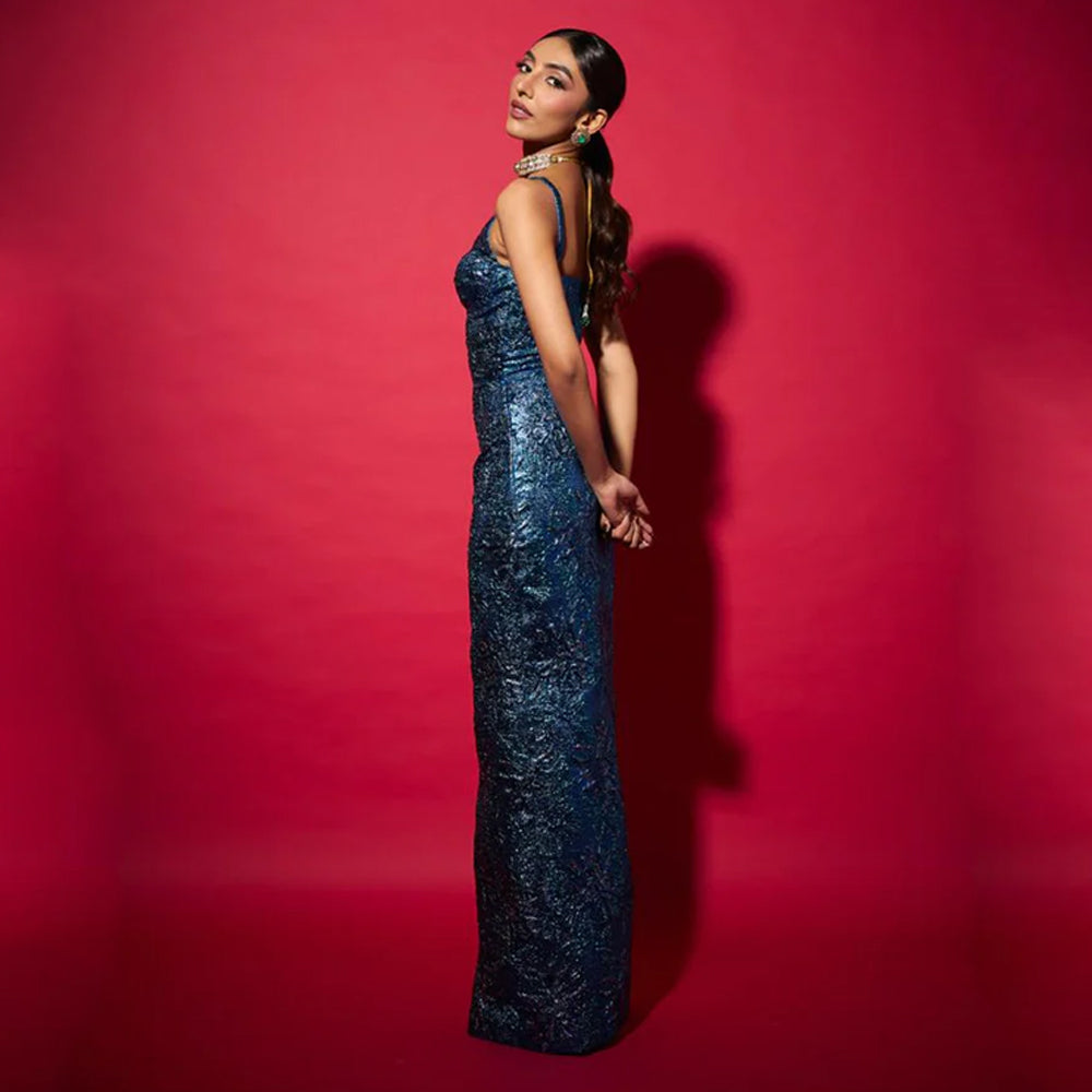 Electric blue jacquard dress with elegant silhouette, perfect for galas and weddings. Shop online from our curated edit of premium fashion.