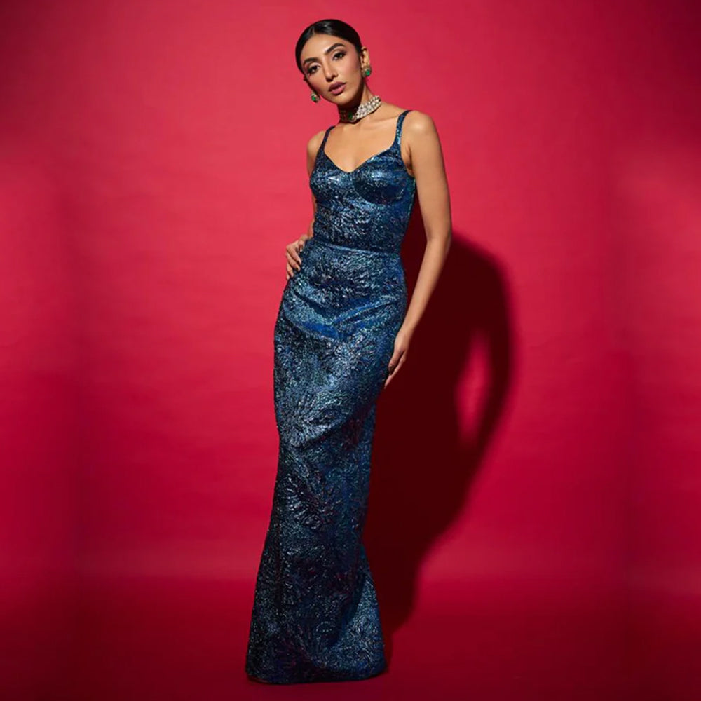 Electric blue jacquard dress with elegant silhouette, perfect for galas and weddings. Shop online from our curated edit of premium fashion.