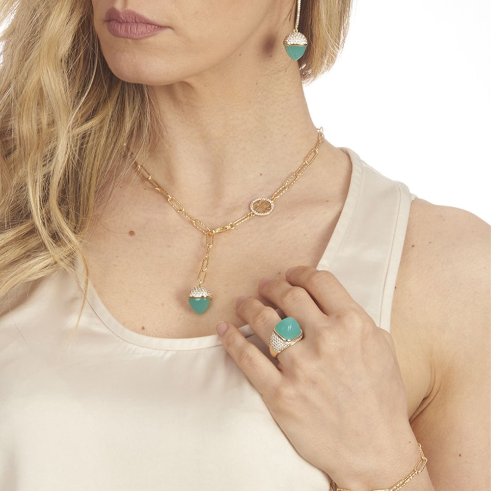 Shop online premium yellow gold pendant necklace with Amazonite crystal and sparkling cubic zirconia accents.