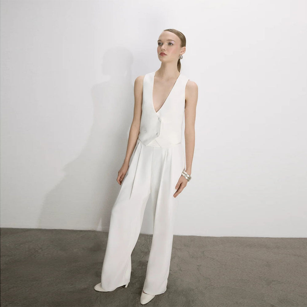 Tina Trousers in White with Satin Waistband