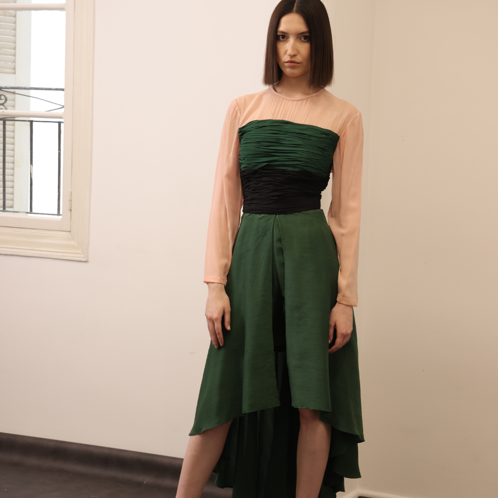 Tri-color silk georgette short dress with sleeves