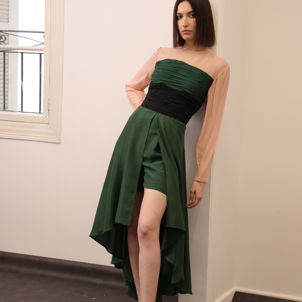 Tri-color silk georgette short dress with sleeves