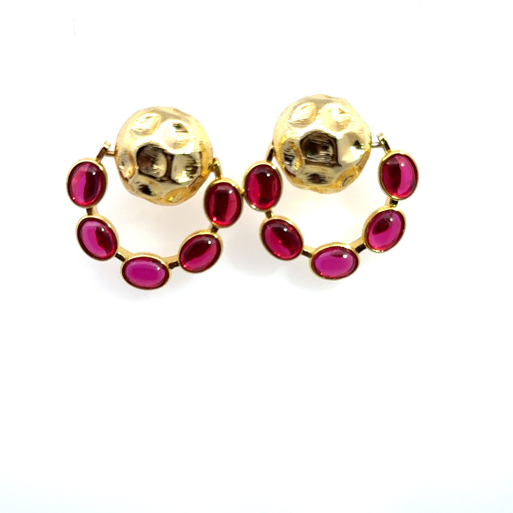Elegant 22K yellow gold plated drop earrings with hammered detailing and vibrant created ruby accents. A timeless statement piece for every occasion. Shop premium jewelry online.