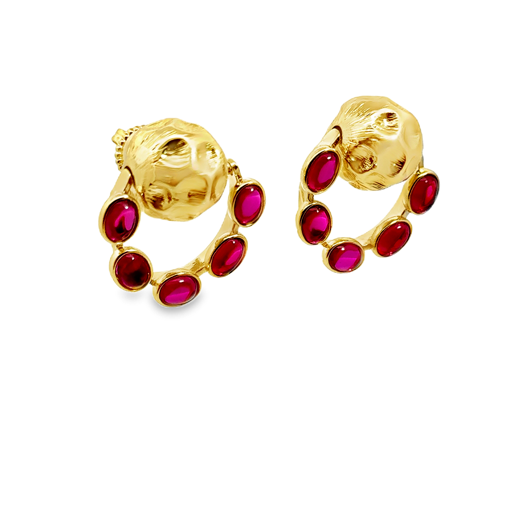 Elegant 22K yellow gold plated drop earrings with hammered detailing and vibrant created ruby accents. A timeless statement piece for every occasion. Shop premium jewelry online.