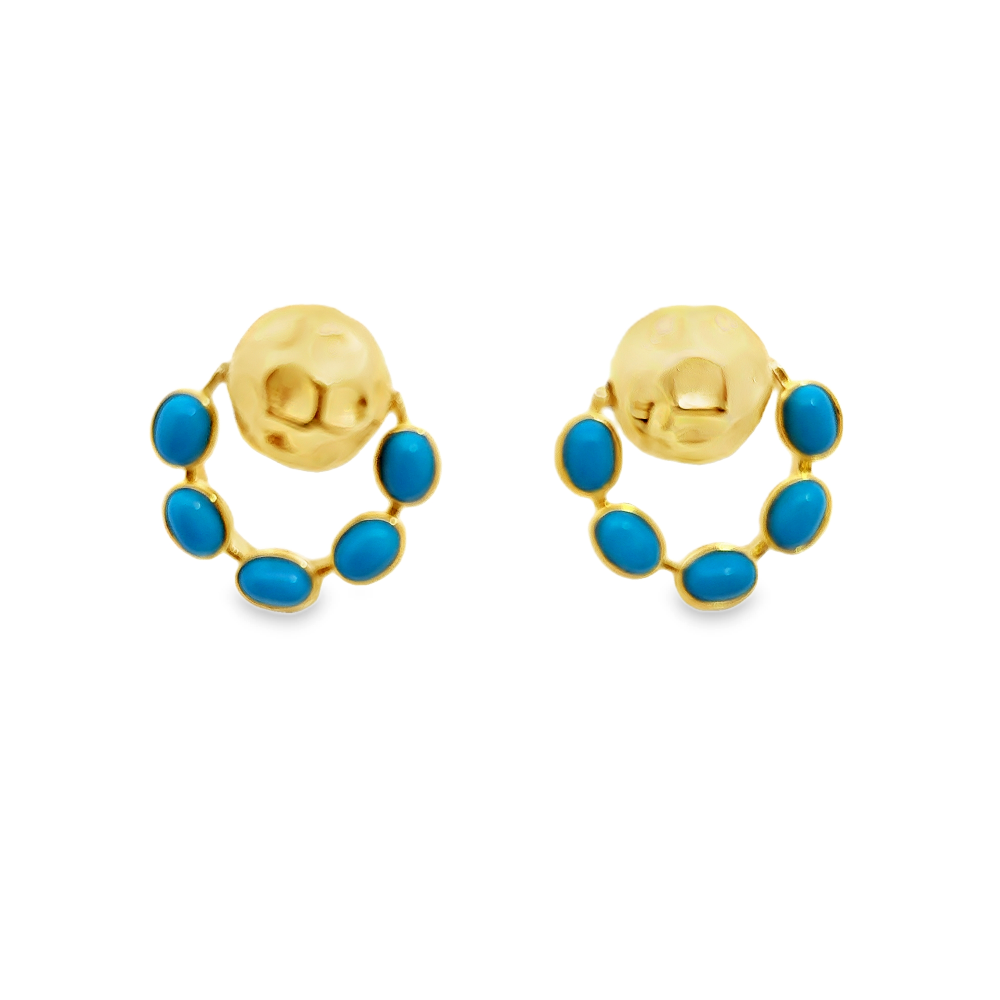 Elegant 22K yellow gold plated drop earrings with hammered detailing and vibrant created turquoise accents. A chic statement piece for every occasion. Shop premium jewelry online.